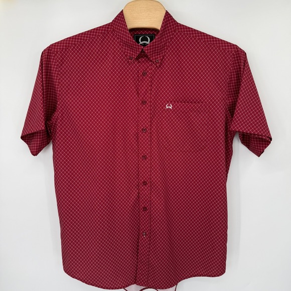 Cinch Button Down Shirt Mens L Burgundy White Geometric Short Sleeve Cowboy - Picture 2 of 8